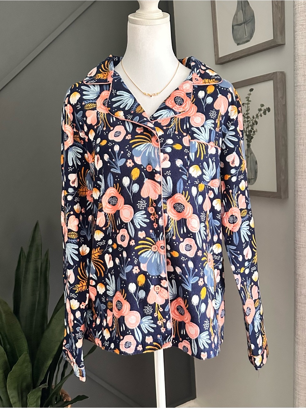 Serra Navy Floral Pajama Set - Pink, Light Blue & Mustard